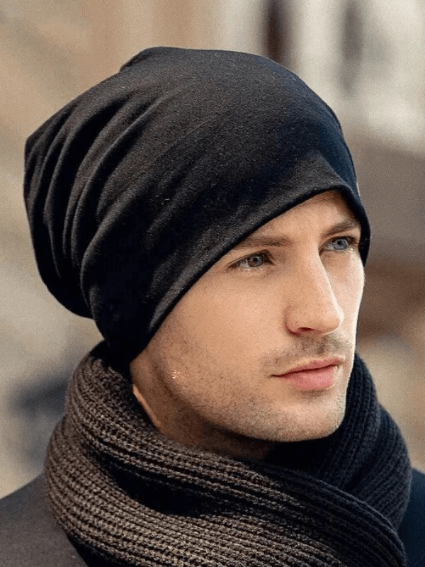Man wearing Solid Color Casual Sports Men's Beanie SF1696, showcasing its warmth, comfort, and stylish solid color design.